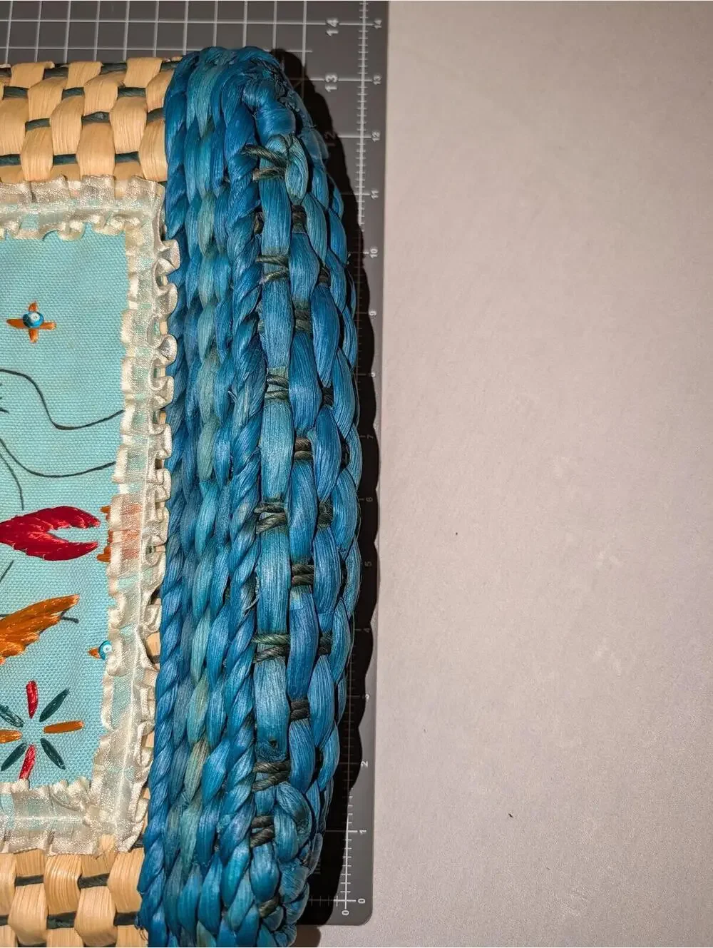 Vintage Unique Handwoven Straw Tote  with Embroidered Art Panel Bamboo Handles